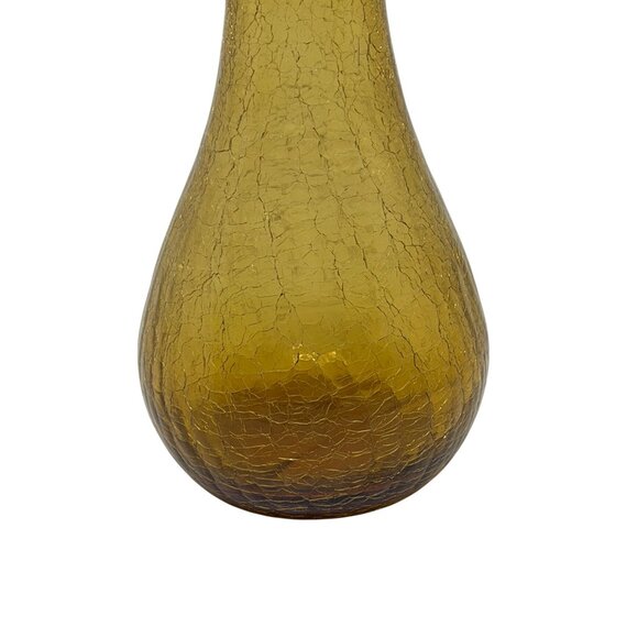 Vintage MCM Amber Blown Art Glass Crackle Vase Ruffled Neck 7.5" Textured Decor - Picture 4 of 7